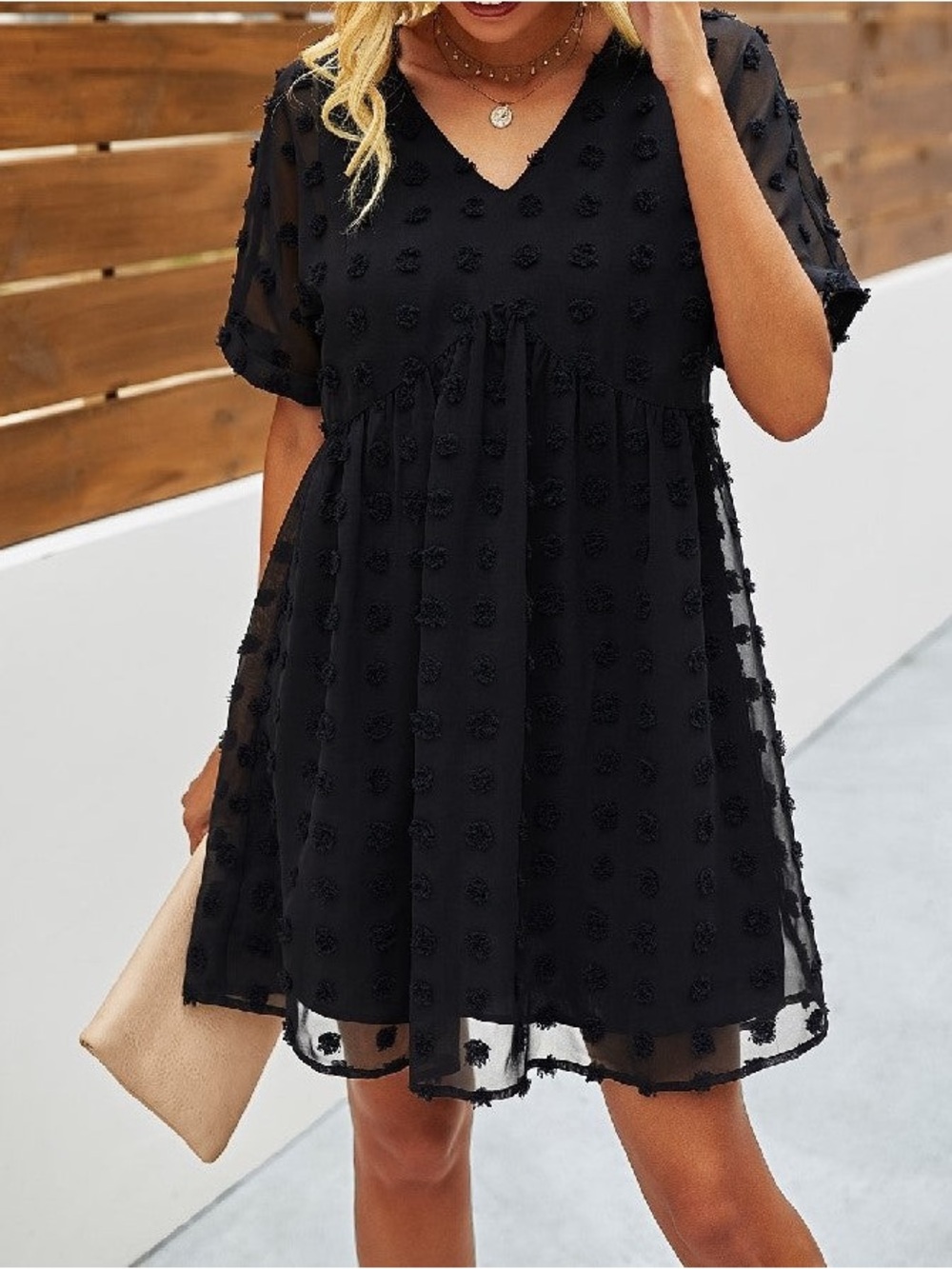 Women's Zenana Black Textured Swiss Dot V-Neck Babydoll Mini Dress Size Medium - Picture 1 of 9